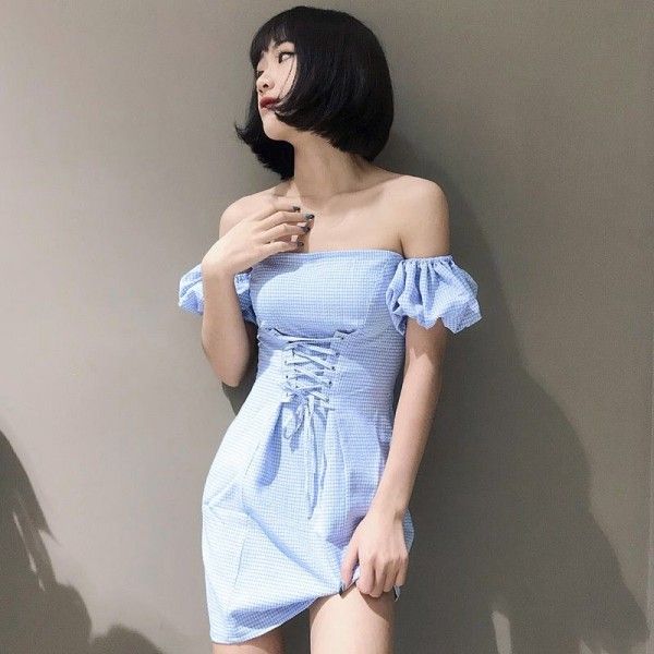 Blue Plaid beach skirt 2020 new fresh temperament lace up French style one neck dress summer wrap chest
