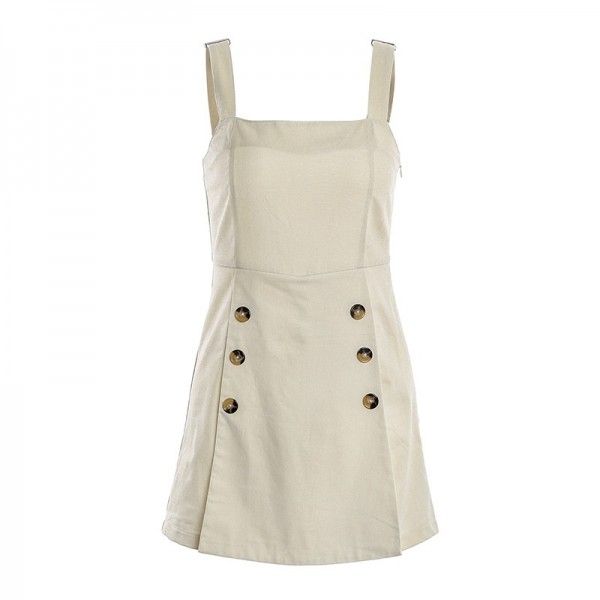 Europe and America 2020 spring and summer sleeveless square collar button design bodysuit suspender strap pants skirt type bodysuit shorts women
