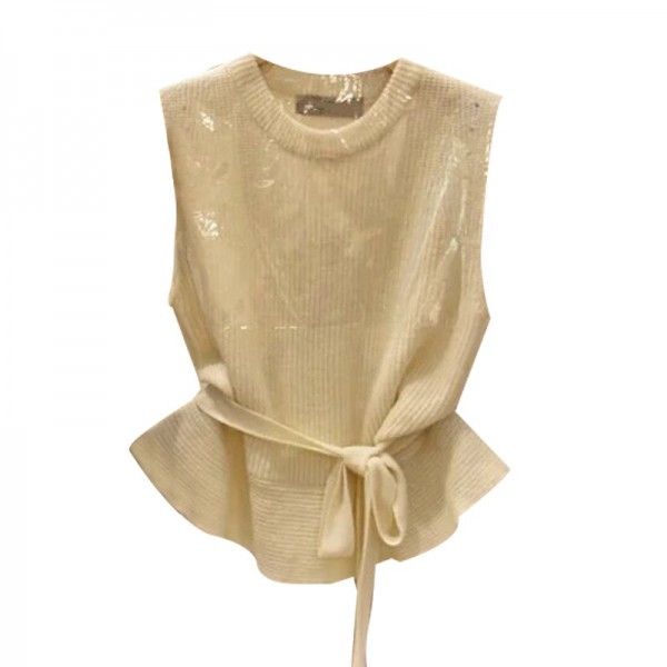 South Korea 2020 spring and Autumn New Women's wear Korean version net red tie waist closed waistless sleeveless head knitted vest sweater
