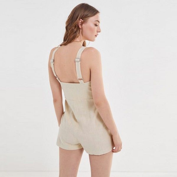 Europe and America 2020 spring and summer sleeveless square collar button design bodysuit suspender strap pants skirt type bodysuit shorts women
