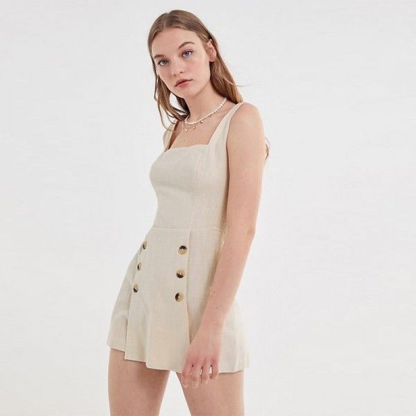 Europe and America 2020 spring and summer sleeveless square collar button design bodysuit suspender strap pants skirt type bodysuit shorts women
