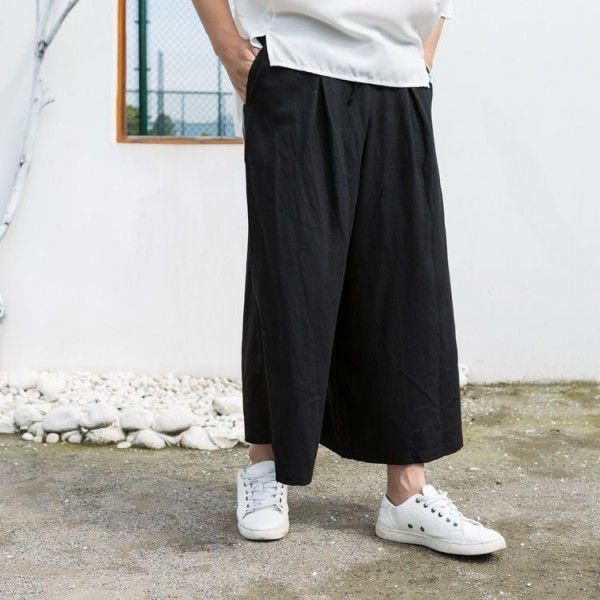 Korean Trend cropped pants trendy men's pants linen Wide Leg Pants Cotton hemp skirt pants loose Chinese flare pants
