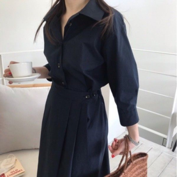 Early autumn women's new 2019 Korean chic style celebrity temperament waist gathering show thin Pleated Dress
