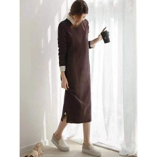 Spot languid women's winter South Korea loose and slender wool dress knee over sleeve bottomed knitted dress
