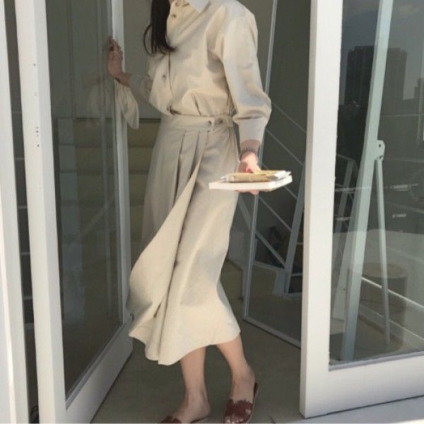 Early autumn women's new 2019 Korean chic style celebrity temperament waist gathering show thin Pleated Dress
