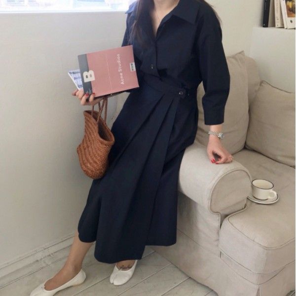 Early autumn women's new 2019 Korean chic style celebrity temperament waist gathering show thin Pleated Dress
