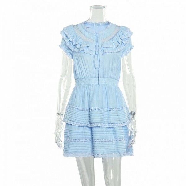 Spring and summer 2020 new water soluble lace splicing puffy skirt hollow out Ruffle short sleeve dress European and American women's wear
