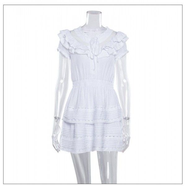 Spring and summer 2020 new water soluble lace splicing puffy skirt hollow out Ruffle short sleeve dress European and American women's wear
