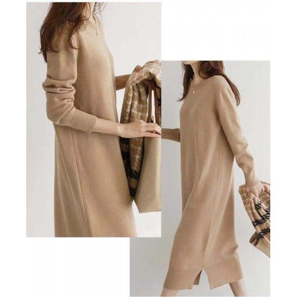Spot languid women's winter South Korea loose and slender wool dress knee over sleeve bottomed knitted dress
