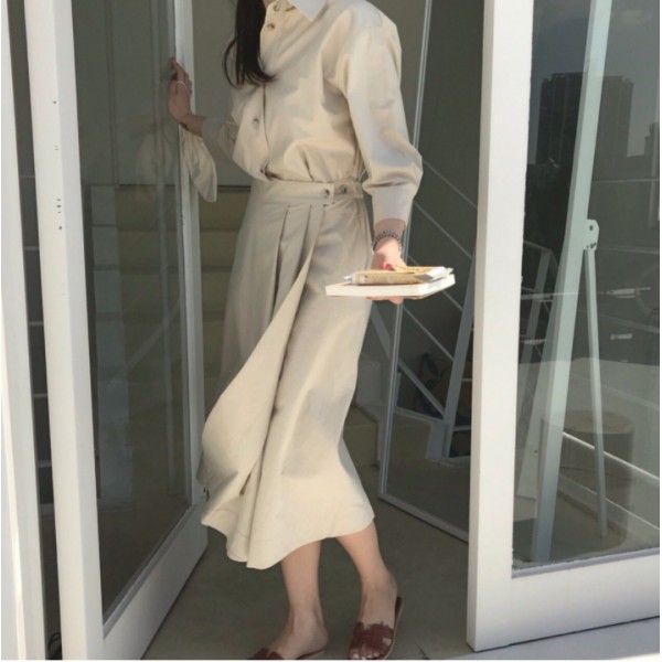 Early autumn women's new 2019 Korean chic style celebrity temperament waist gathering show thin Pleated Dress
