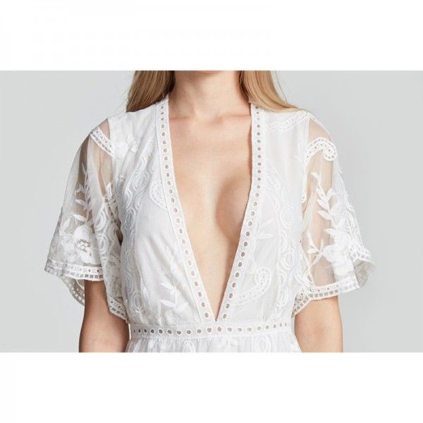 Women's foreign trade European and American fashion one-piece pants women's shorts sexy deep V-neck low back mesh embroidery casual pants
