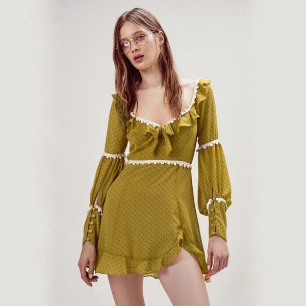 French cross border women's foreign trade spring 2020 retro wave point square neck long sleeve waist collection Chiffon Ruffle Dress
