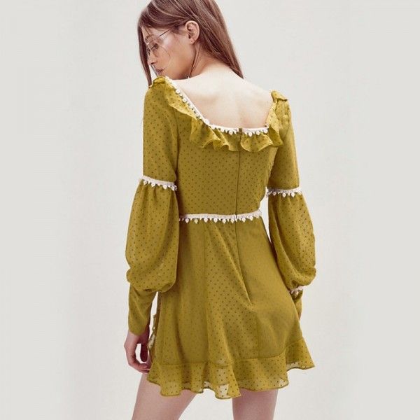 French cross border women's foreign trade spring 2020 retro wave point square neck long sleeve waist collection Chiffon Ruffle Dress
