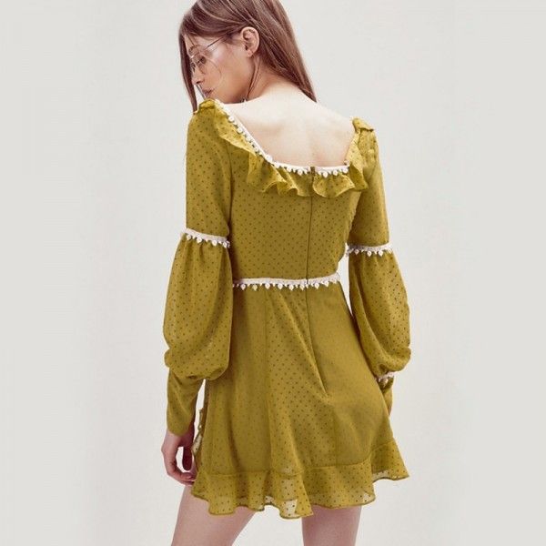 French cross border women's foreign trade spring 2020 retro wave point square neck long sleeve waist collection Chiffon Ruffle Dress
