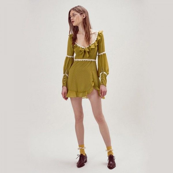 French cross border women's foreign trade spring 2020 retro wave point square neck long sleeve waist collection Chiffon Ruffle Dress
