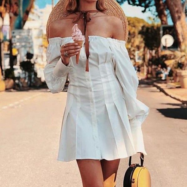 2020 spring women's new European and American trendy white dress women's long sleeve one word collar and waist closing temperament sweet short skirt
