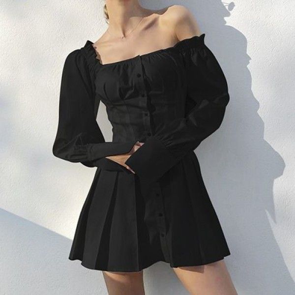 2020 spring women's new European and American trendy white dress women's long sleeve one word collar and waist closing temperament sweet short skirt
