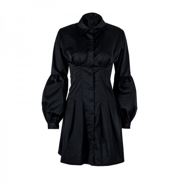 2020 spring new cross border Lapel black dress long sleeve Korean autumn style professional women's pleated skirt