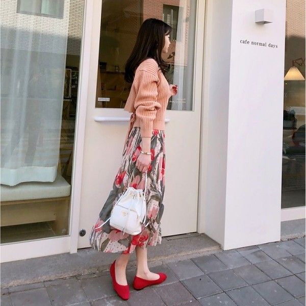 Cross border source South Korea early spring gentle romantic tulip Print Chiffon Skirt pleated design long skirt
