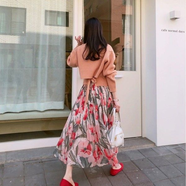 Cross border source South Korea early spring gentle romantic tulip Print Chiffon Skirt pleated design long skirt
