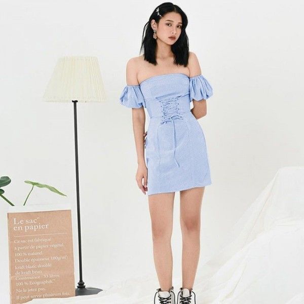 Blue Plaid beach skirt 2020 new fresh temperament lace up French style one neck dress summer wrap chest
