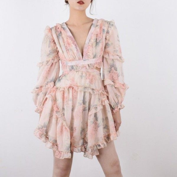 2020 spring women's new European and American cross-border long sleeve retro Printed Dress Sexy wood ear lace up dress