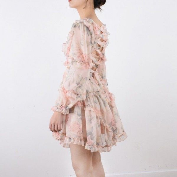 2020 spring women's new European and American cross-border long sleeve retro Printed Dress Sexy wood ear lace up dress