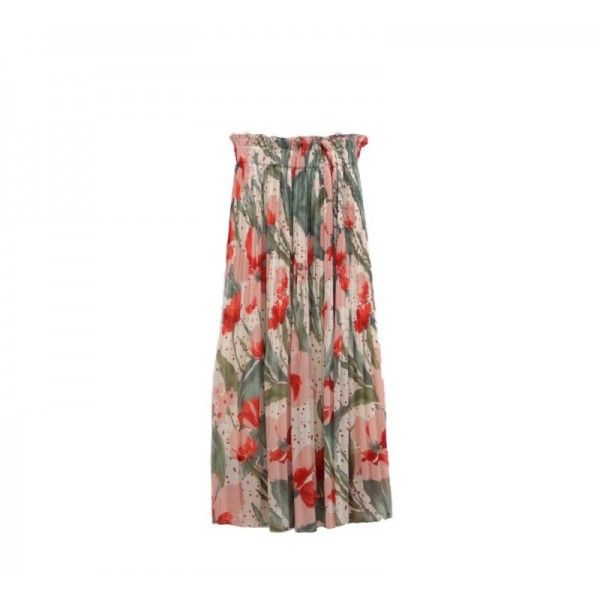 Cross border source South Korea early spring gentle romantic tulip Print Chiffon Skirt pleated design long skirt
