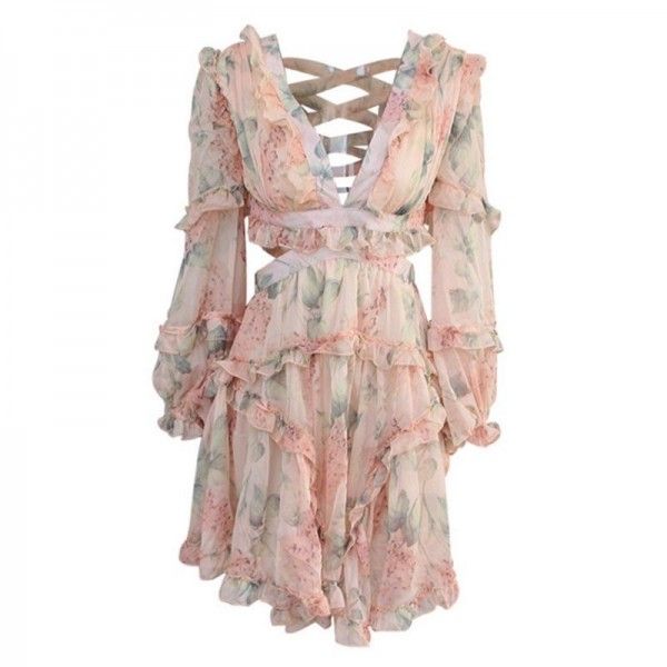 2020 spring women's new European and American cross-border long sleeve retro Printed Dress Sexy wood ear lace up dress