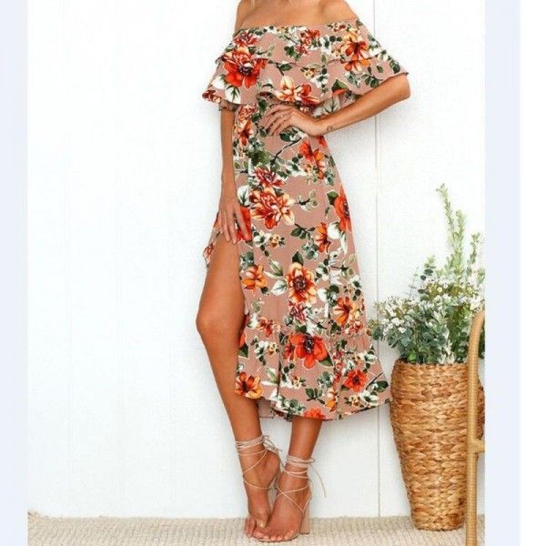 2020 Amazon summer new style one shoulder wrap chest flounce Chiffon Printed Dress fish tail long skirt
