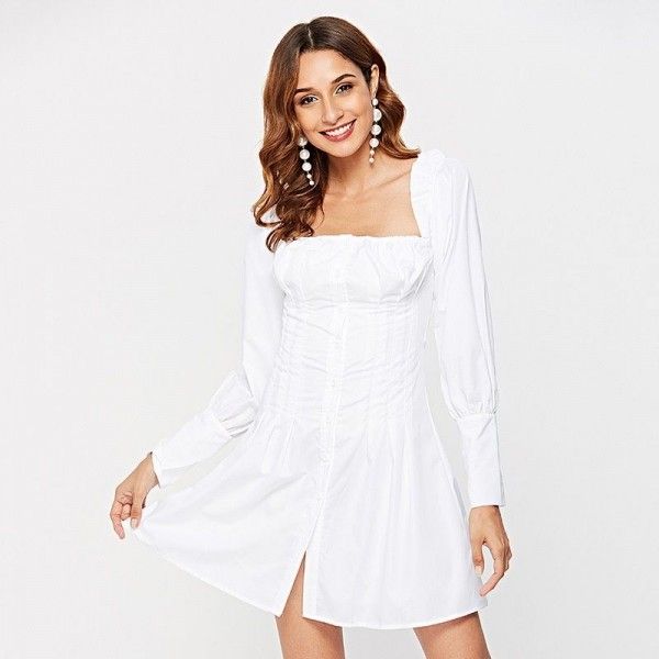 2020 spring women's new European and American trendy white dress women's long sleeve one word collar and waist closing temperament sweet short skirt

