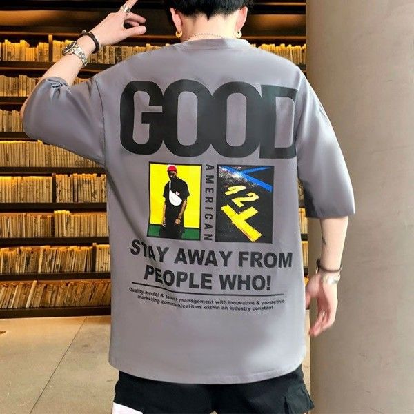 [direct sales] summer new men's Cotton Short Sleeve T-Shirt Korean loose round neck print versatile casual bottoming shirt
