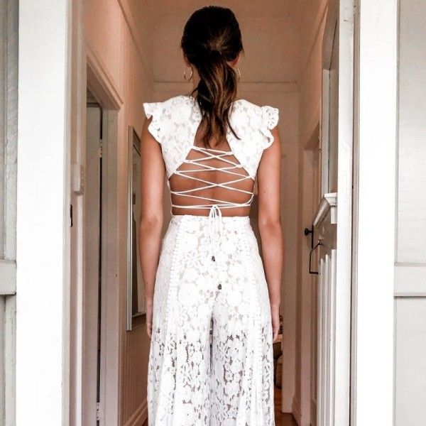 Amazon hot sales in 2020! European and American spring and summer new style lace embroidery back strap sexy girl style one-piece pants
