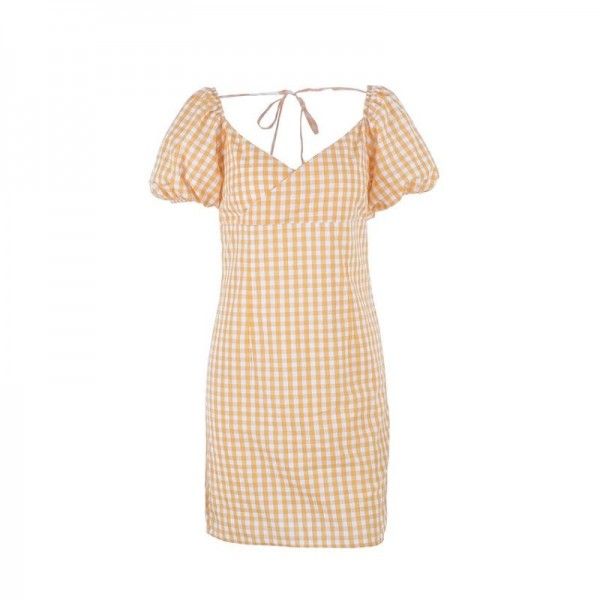 Summer sexy dress women's New Short Sleeve Plaid Cotton V-neck A-line short skirt a hair substitute women's Beach skirt
