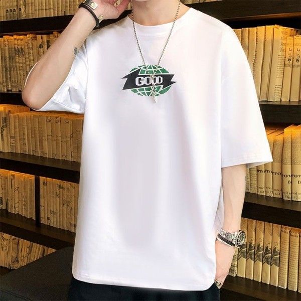 [direct sales] summer new men's Cotton Short Sleeve T-Shirt Korean loose round neck print versatile casual bottoming shirt
