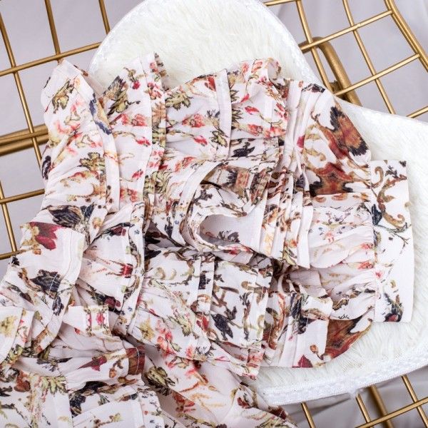 French retro printing high-end boutique dress summer women's European and American dress ruffles hanging neck tie princess skirt
