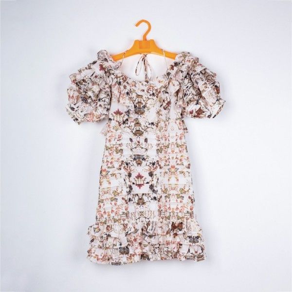 French retro printing high-end boutique dress summer women's European and American dress ruffles hanging neck tie princess skirt
