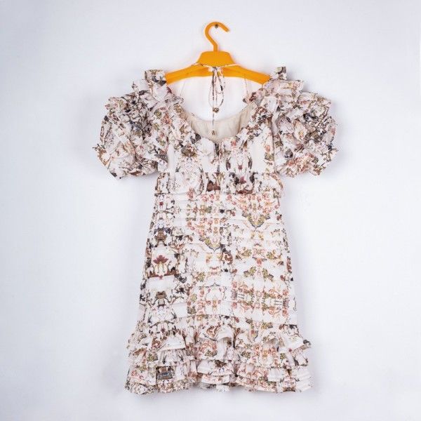 French retro printing high-end boutique dress summer women's European and American dress ruffles hanging neck tie princess skirt
