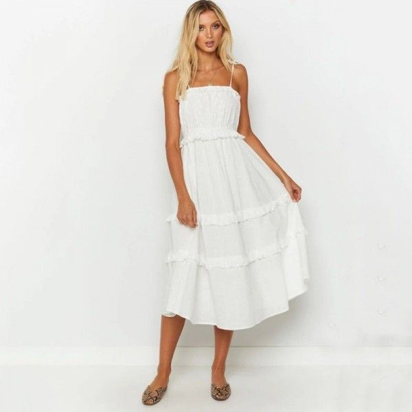 2020 cross border special station eBay New Europe and America spring and summer sweet girl style solid color suspender dress
