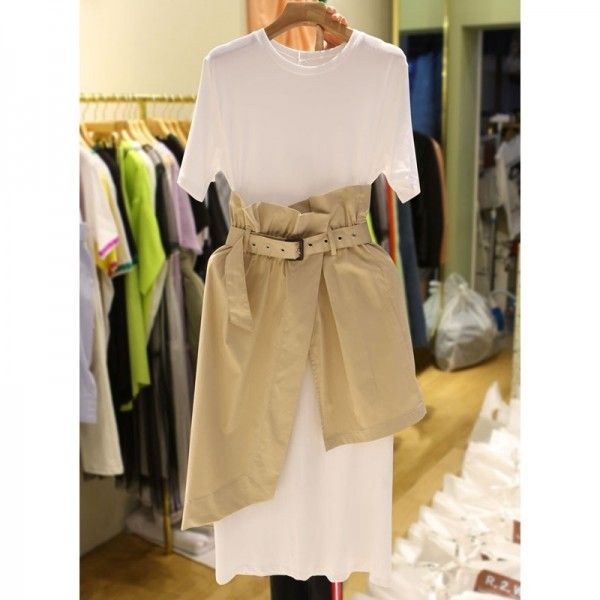 South Korea 2020 summer new women's wear South Korea style slim Two Piece Black Medium Long T-shirt dress women
