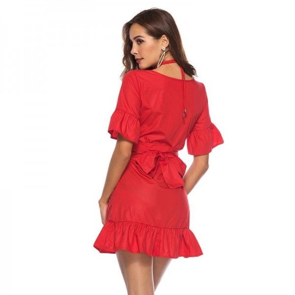 2020 cross border dress Summer Short Sleeve Ruffle sexy bandage small red skirt a hair substitute European and American women's wear
