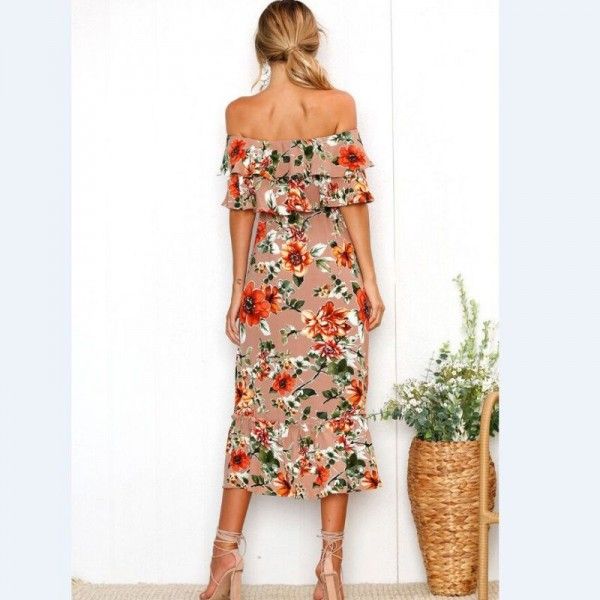 2020 Amazon summer new style one shoulder wrap chest flounce Chiffon Printed Dress fish tail long skirt
