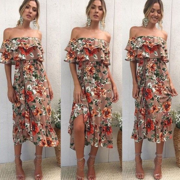 2020 Amazon summer new style one shoulder wrap chest flounce Chiffon Printed Dress fish tail long skirt
