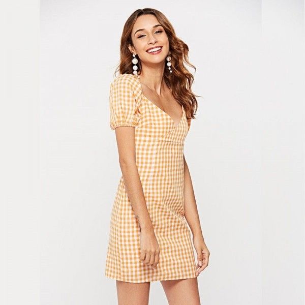 Summer sexy dress women's New Short Sleeve Plaid Cotton V-neck A-line short skirt a hair substitute women's Beach skirt
