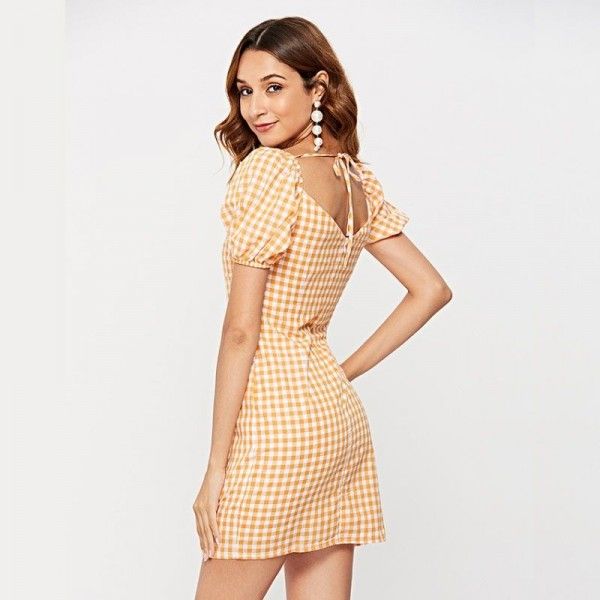 Summer sexy dress women's New Short Sleeve Plaid Cotton V-neck A-line short skirt a hair substitute women's Beach skirt
