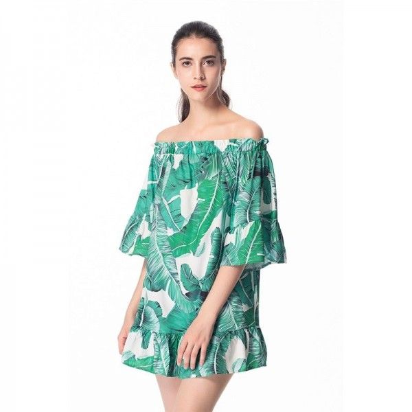 Amazon cross border exclusive one shoulder five sleeve short skirt off shoulder irregular print dress European and American women's wear
