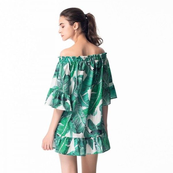 Amazon cross border exclusive one shoulder five sleeve short skirt off shoulder irregular print dress European and American women's wear
