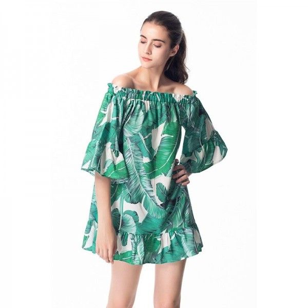 Amazon cross border exclusive one shoulder five sleeve short skirt off shoulder irregular print dress European and American women's wear

