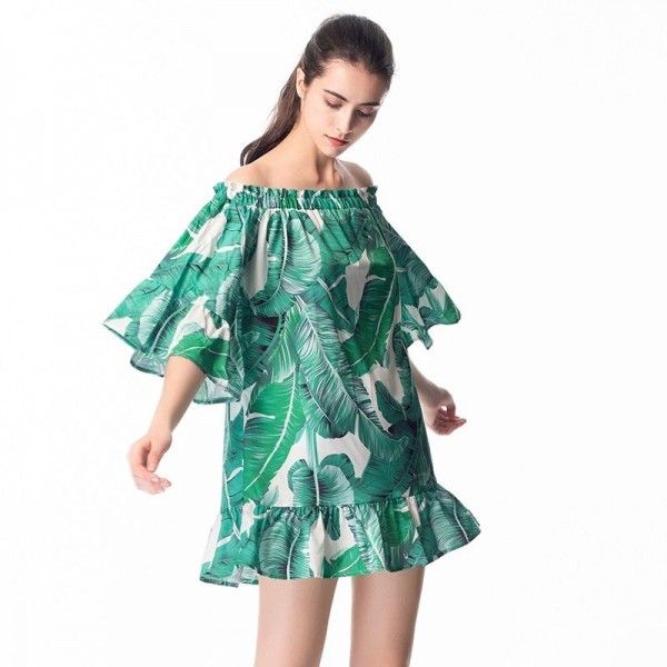 Amazon cross border exclusive one shoulder five sleeve short skirt off shoulder irregular print dress European and American women's wear
