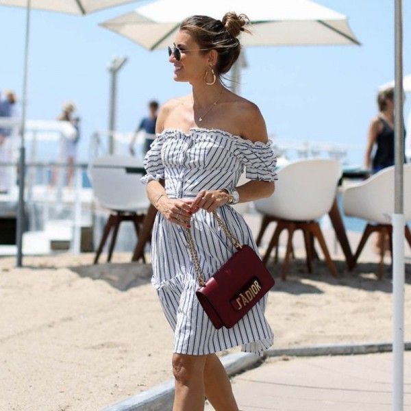 One line collar wood ear dress Europe and America 2020 summer blue and white stripe short sleeve sexy holiday skirt with missing back middle skirt
